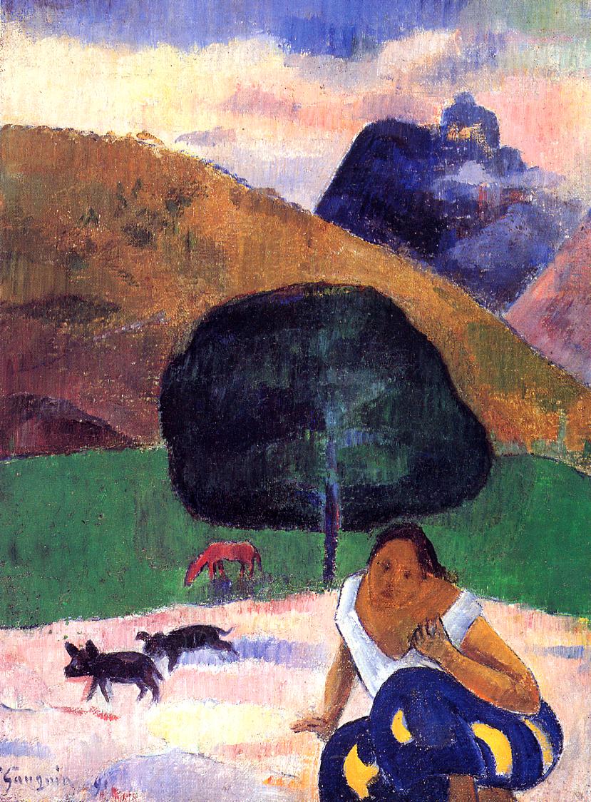 Landscape with black pigs and a crouching Tahitian 1891